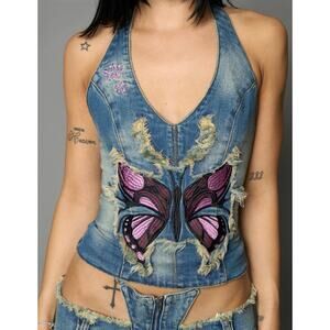 $64 Sold Out Namilia Denim Neckholder Top Small NWT